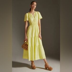Anthropologie - The Somerset Maxi Dress Tiered: Linen | Lemon Yellow | Size XSP